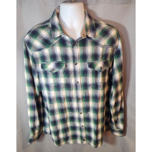 Cody James Flannel Shirt Men Large Blue Green Regular Fit Pearl Snap Western - Picture 1 of 5